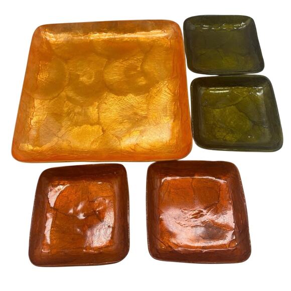 Vtg set 5 pc COLORIZED CAPIZ SHELL tray & plates.Orange,Green,Gold Mascagni look - Picture 1 of 9